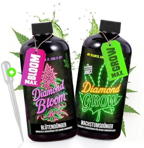 Diamond Buds® Grow Dünger Set Wachstum & Blüte, NPK Flüssigdünger 2x500 ml | Blütedünger mit Phosphor & Kalium · 7 Aminosäuren · für Erde, Kokos & Hydrokultur · Gemüse, Tomaten & Zimmerpflanzen