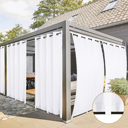 2 Stücke Outdoor Vorhang Wetterfest mit Ösen, Outdoorvorhänge Balkon Vorhang Terrasse Vorhänge Outdoor Gardinen Sonnenschutz & Sichtschutz Vorhänge mit Schlaufen Unten, H213 x B132 cm - Weiß