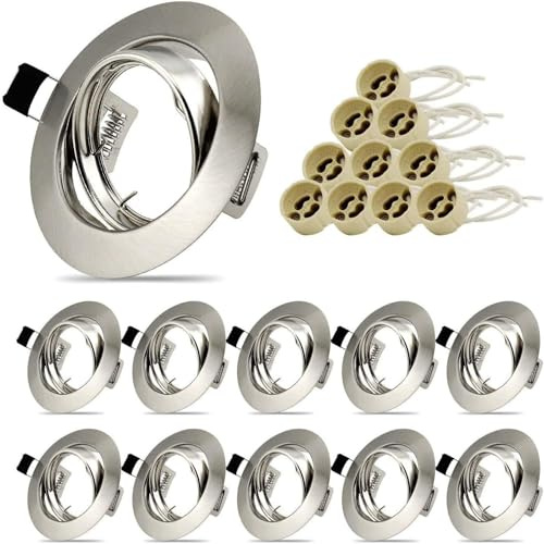 10er LED Einbaustrahler GU10 Set Einbaurahmen Rund Einbauleuchten 68mm Deckenspots Edelstahl Gebürstet Optik Inkl. GU10 Fassung für LED oder Halogen Leuchtmittel, 30° Schwenkbar