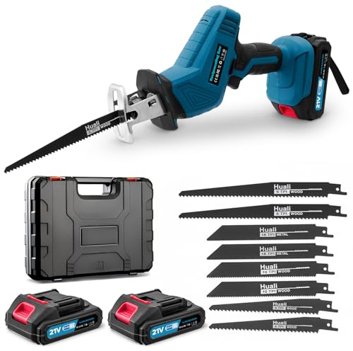 Säbelsäge Akku 21V,Reciprosäge mit 2x2.0Ah Akku,Variabler Drehzahl von 0-4000RPM,8 Werkzeug-freie Installation Säbelsägeblätter,Säbelsäge für Holz Metallschneiden