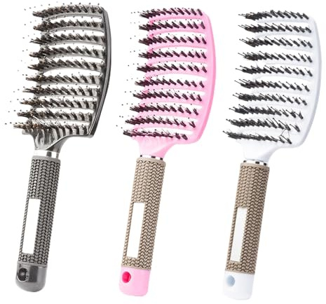 3 Stück Haarbürste ohne Ziepen Gebogene Haarbürste mit Wildschweinborsten | Entlüftete Entwirrbürste für lockiges und welliges Haar, Reduziert Haarbruch(24.5x8cm)