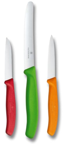 Victorinox Swiss Classic Küchenmesser Set, 3teilig, Gemüse-, Tomaten- und Frühstücksmesser, Scharfe Klinge, Rostfreier Stahl, Rot/Grün/Orange