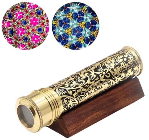 YVCrafts Handgefertigtes Messing-Kaleidoskop für Erwachsene, entdecken Sie endlose Farben mit Lampworking Glasperlen, mit Holzständer und trockener Objektkammer, ein einzigartiges Geschenk für Ehemann