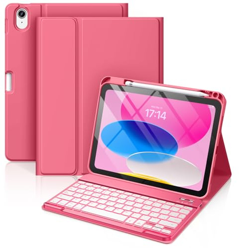 Vobafe Hülle mit Tastatur für iPad A16 11/10 Generation (2025/2022, 11/10.9 Zoll)- 7 Farben Beleuchtete Magnetische Abnehmbare Keyboard Schutzhülle mit Stifthalter für iPad 11. /10. Gen, Rosa