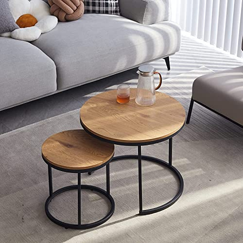 HJhomeheart Runde Satztische 2er Set, Couchtische, Groß: 60 x 60 x 45 cm, Klein: 40 x 40 x 35 cm, Hellbraun