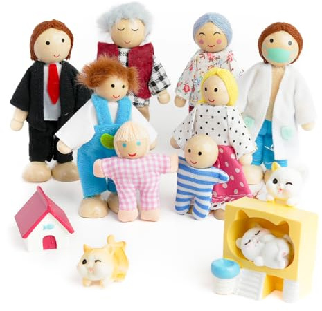 DUOCIYUAN Puppenhaus Puppen, 13 Stück Puppenhaus Figuren mit Katze und Hund Puppen Familie Set Holzpuppe Spielzeug für Kinder Puppenfamilien Biegepuppen für Puppenhaus Zubehör Geschenk