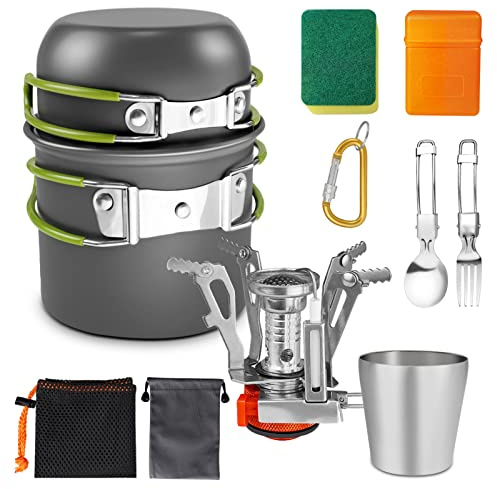 AUTOPkio Camping Kochgeschirr Set mit Gaskocher, Aluminium & Edelstahl, Grau, 12 Stück, für 1-2 Personen, Picknick, BBQ, Wandern, Kochen