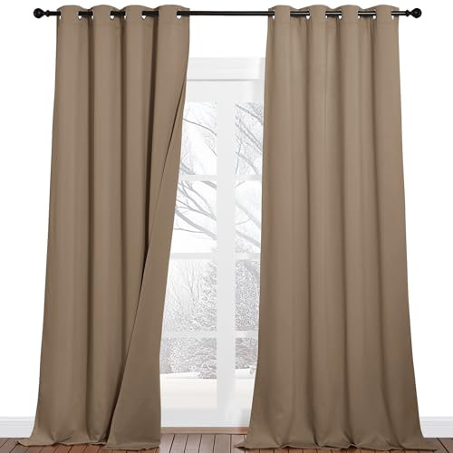 PONY DANCE Dreilagige Lichtundurchlässige Gardinen Lärmschutzvorhang | 2er Set H240 x B132 cm, Thermogardine Kälteschutz, Schallschutz Vorhang, Ösen, für Schlafzimmer Kinderzimmer, Cappuccino