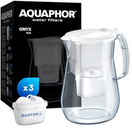 AQUAPHOR Wasserfilter Onyx Weiß inkl. 3 MAXFOR+ Filter I 4,2L Wasserfilter in Glasoptik I Karaffe I Reduziert Kalk & Chlor I Perfekt für die Familie I Premium Qualität I Stylischer Behälter