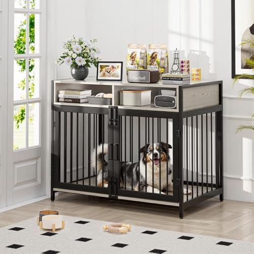 Gimars Hundebox 94×58×63 cm mit Tischplatte und Schublade, robuste Indoor-Hundebox für kleine, mittlere und große Hunde