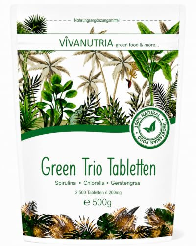 VivaNutria Green Trio Presslinge | 2500 Tabletten | Spirulina + Chlorella + Gerstengras | Reichweite 3 Monate I vegan | 500 g