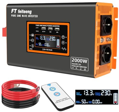 2000W/4000W Wechselrichter 12V auf 230V Reiner Sinus, EU Steckdosen, 30W USB-C, LCD-Fernbedienung, Spannungswandler für Wohnwagen LKW Solar