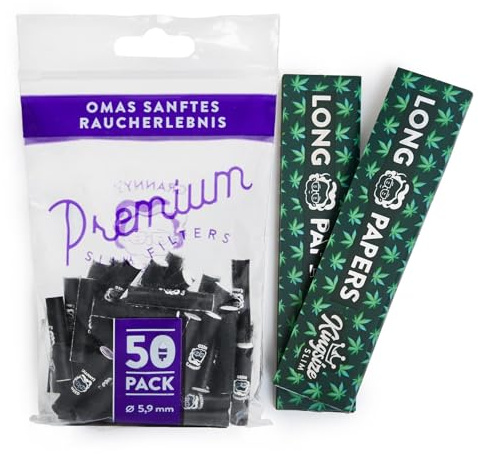 Granny's® Slim Aktivkohlefilter 50 Stück & 2x King Size Long Papers | Ø 5,9 mm Filtertips | 108 x 45 mm | Für selbstgedrehte Zigaretten