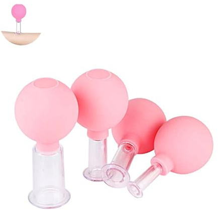 Facial Cupping Set, 4 Stück Gesichtsmassage-Saugnapf, Kunststoff-Physiotherapie-Schröpfen mit Silikonball, geeignet Für Straffe Haut, Faltenminderung, Entgiftung, Anregung Lymphfluss（Rosa）