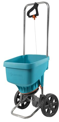 Gardena Streuwagen XL: Universalstreuer zum Ausbringen von Dünger, Samen und Streusalz, 1,5-6 m Streubreite, für ca. 800 m² Rasenfläche, 18 l Fassungsvermögen, mit Verschlussschieber (436-20)