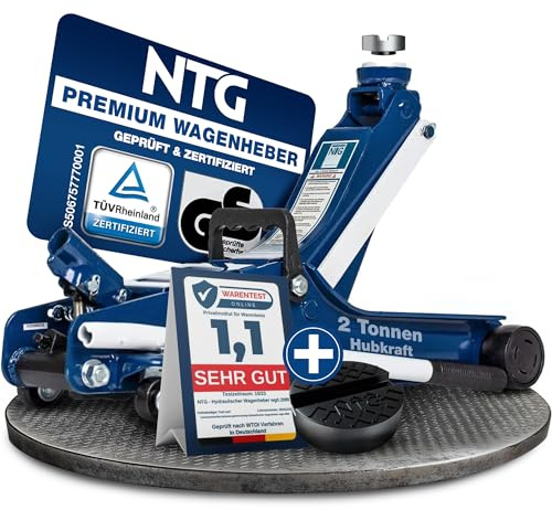 NTG HYDRAULISCHER WAGENHEBER 2T – TÜV-zertifizierter Flacher Rangierwagenheber für PKW & tiefergelegte Fahrzeuge – 85–375 mm Hubhöhe – Wagenheber Hydraulisch mit 2.000 kg Tragkraft und Gummiauflage