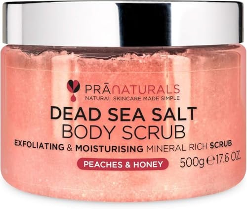 PraNaturals Körperpeeling mit Salz aus dem Toten Meer 500g - Feuchtigkeitsspendend & pflegend, Natürlichen Ölen & Mineralstoffen, keine Parabene, vegan, frei von Tierversuchen (Pfirsiche und Honig)