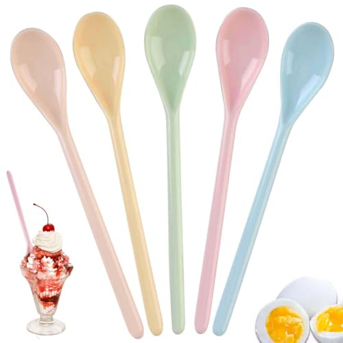 Plastiklöffel Lang, 5 Stück Farbe Plastik Löffel, Eierlöffel Kunststoff, Wiederverwendbaren Joghurtlöffel, Suppenlöffel, Kaffeelöffel, Eislöffel, Dessertlöffel, Eierlöffel Plastik