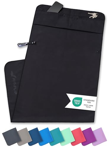 Fit-Flip Fitness Handtuch aus Mikrofaser - mit Magnet und Reißverschluss Tasche - Fitnesshandtuch für Sport und Gym - Kompakt & Schnelltrocknend - Sporthandtuch Fitnessstudio - Schwarz - 130x48cm