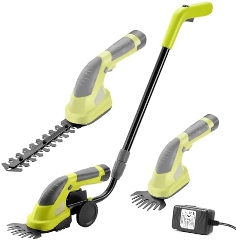 DEWINNER Akku Strauchere und Grasschere Li-ion 7.2V(1.5Ah),mit 2 Aufsätzen+Teleslopstiel Rasenkantenschere,Austauschbare Klingen, Strauchschere Rasenmäher