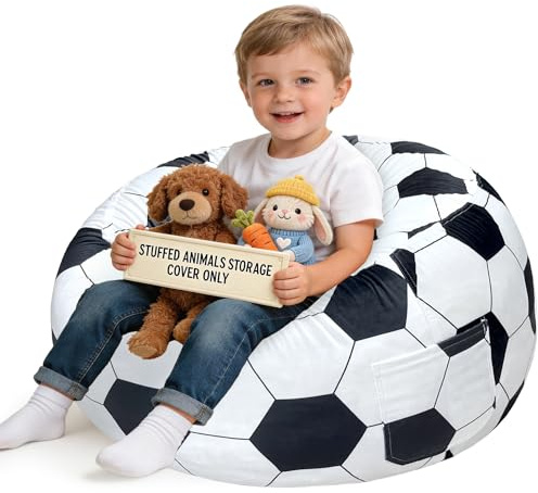 Lukeight Stofftier-Aufbewahrungs-Sitzsack-Stuhlbezug für Kinder, Fußball-Sitzsack mit Reißverschluss, für die Organisation von Kleinkinder- und Kinderzimmern, Plüschtiere (Fußball-Samt, groß)