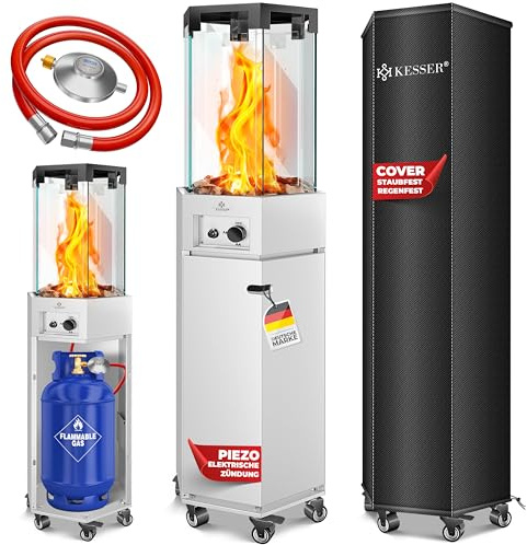 KESSER® Gasheizstrahler 4/8 kW Gas Piezozündung Heizung + Gasdruckregler + Cover, 360° Rollen Kippschutz, Terrassenheizstrahler Gasheizung Gasheizer Outdoor Kamin Mobiler Heizpilz, Heizer, Weiß