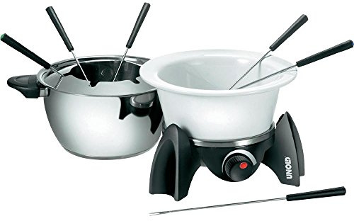 UNOLD 48615 Fondue-Set - Elektro Fondue, Wechseltopf (Edelstahl/Keramik), Fleischfondue/Asiatisch, Schokofondue, Käsefondue, Kochplatte, mit Zubehör, für 6 Personen, Schwarz/Silber