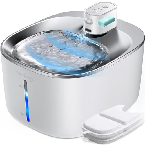 FEELNEEDY 4L kabelloser Katzenbrunnen mit Bewegungsmelder, 4000mAh Akku | Leise Trinkbrunnen für Katzen und kleine Hunde, Wanne aus Edelstahl, Wasserbrunnen für Katzen mit 2 Filter