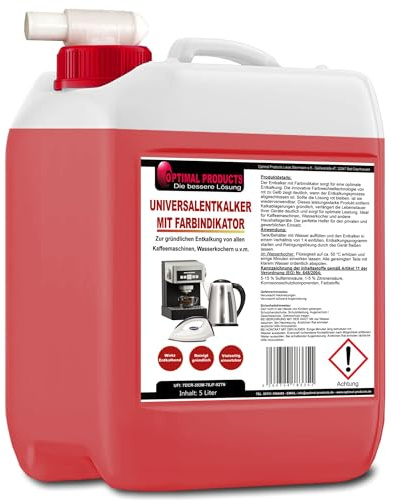 Optimal Products Universalentkalker mit Farbindikator 5 Liter Kanister | für Kaffeemaschinen und Vollautomaten | universell einsetzbar zur kraftvollen ENTKALKUNG aller Marken | Inklusive Abfüllhahn