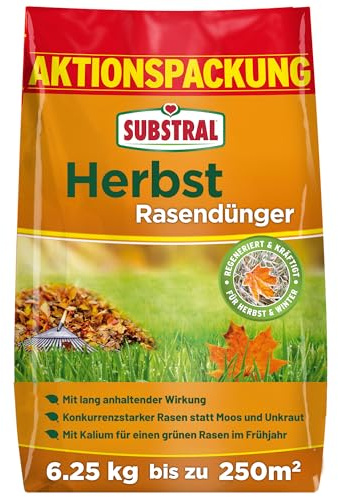SUBSTRAL Herbst Rasendünger, 6,25 kg Sack, kaliumreicher Spezial-Rasendünger mit lang anhaltender Wirkung für 250 m²