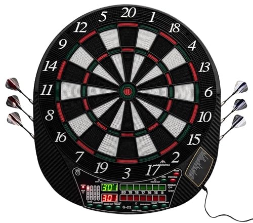 Mission | G220 Elektronische Dartscheibe | Professionelle Softspitze | Bis zu 16 Spieler | 28 Spiele | Inklusive 4 Sets Dartpfeile