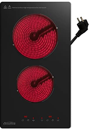 COVERCOOK Glaskeramikkochfeld 30 cm 2 Zonen Elektrisches Kochfeld mit Stecker & Touch-Steuerung, Timer-Funktion, 3000 W Ideal für Küche, Wohnmobil, Büro