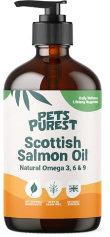 Pets Purest Lachsöl Hunde, Katzen und Heimtiere 1 Liter. Reichhaltiges Omega 3 6 9 Fischöl Futterzusatz. 100% natürliches Lachsöl für Fell, Immununterstützung, juckende Haut, Gelenk & Gehirngesundheit