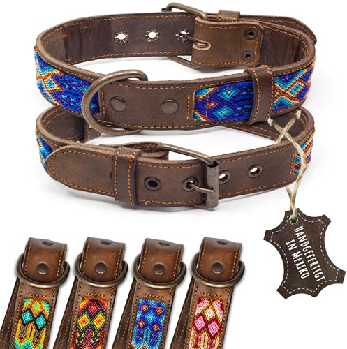 ALTEZAR Lederhalsband Hund - Doppelt Tribal Bestickt Blau Braun - Hundehalsband handgemacht in Mexiko - Dornschnalle 5-Fach verstellbar - Größe M Halsumfang 35-44 cm - für mittelgroße Hunde