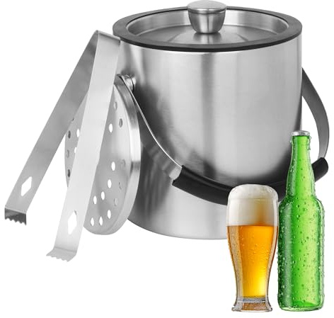 1.6 L Eisbehälter, Eisbehälter aus Edelstahl 1.6 L, Edelstahl-Eiskübel, doppelwandig, doppelwandiger isolierter Eisbehälter für Eiswürfel, ideal zum Kühlen von Bier, Champagner, Wein und Obst (1.6L)