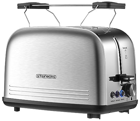 Steinborg Edelstahl Toaster mit Brötchenaufsatz | Toaster 2 Scheiben | Doppelschlitz Toaster | 7 Stufen | 4 Funktionen| Toastautomat | Krümelschublade