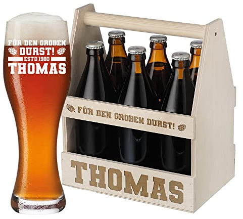 polar-effekt Bierglas + Bierträger aus Holz mit personalisierter Wunschgravur - Für den großen Durst - 1x Flaschenträger - 1x Weizenbierglas 500 ml - Männerhandtasche - Geschenk - Mann, Papa, Opa
