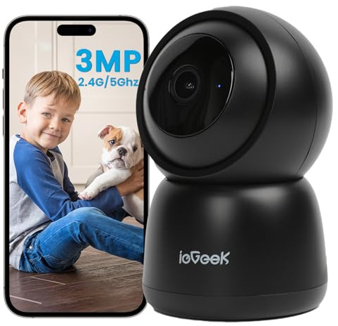 ieGeek 2K 360° WLAN Überwachungskamera Innen, 2,4/5 GHz Hundekamera mit APP | Indoor Kamera mit 15m Nachtsicht, PIR Bewegungserkennung, Auto Tracking, One Touch Patrol, 2-Wege-Audio, Schwarz