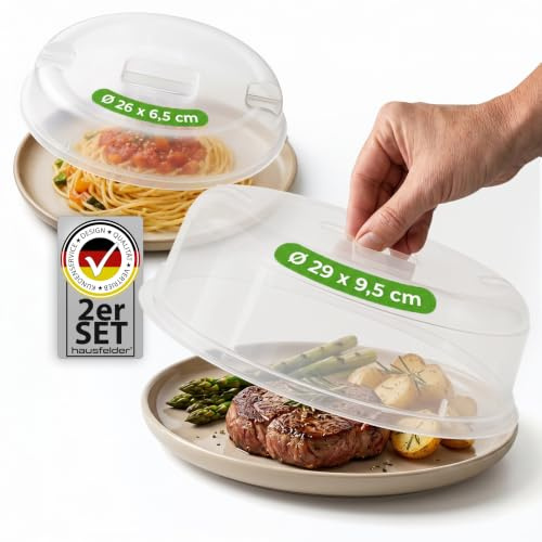 Hausfelder Mikrowellen Abdeckung, 2er Set | 2er Set: hohe & flache Mikrowellenhaube (Ø 26 & 29 cm) · Spritzschutz mit Griffmulden · BPA-frei · spülmaschinengeeignet
