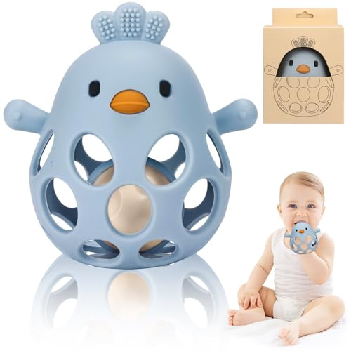 Venditer Silikon Babyrassel Hühnchen Beißring Baby, Sensorische Beißring Silikon Spielzeuge, Montessori Spielzeug Motorik, Rassel Baby, Babyspielzeug Blau