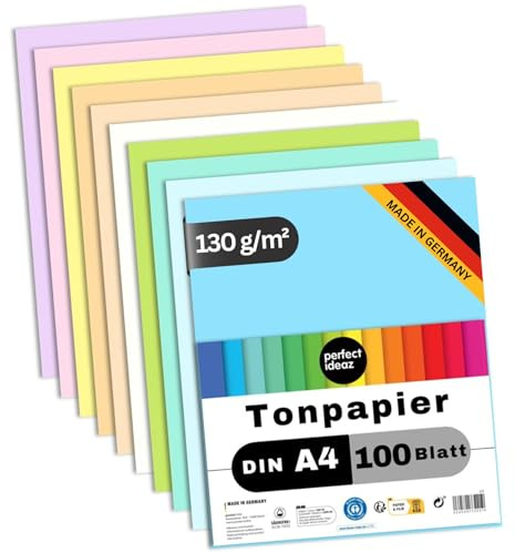 perfect ideaz - 100 Blatt Tonpapier A4, 10 Pastell-Farben, 130 g/m², made in Germany, Blauer Engel zertifiziert