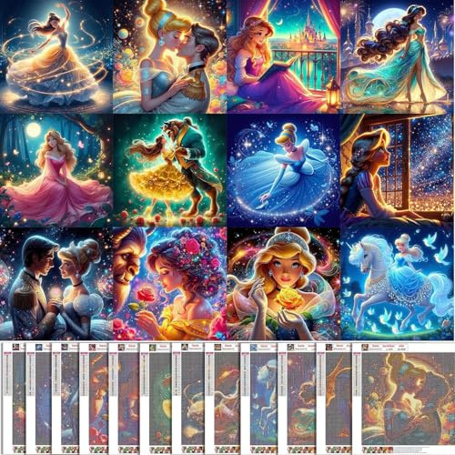 KEYRANKE 12 Stück Diamond Painting Bilder Prinzessin Set, 5D Diamant Painting Erwachsene, Round Full Drill Diamond Painting, DIY Kunstwerk für Home Wand Dekor Geschenk, 30×30cm/12×12inch