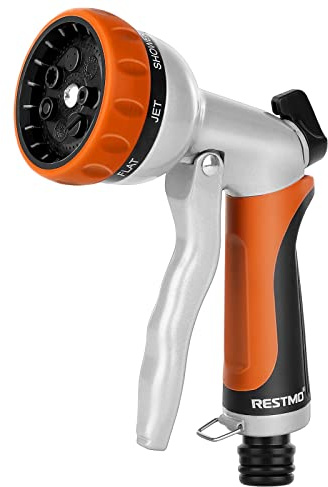 RESTMO Gartenbrause, Metall Hochdruck Garten Handbrause, 7-Funktionen Spritzdüse und Einstellbarer Wasserdurchfluss Spritzpistolen Bewässerungspistole für Bewässerung, Autowaschen,Orange