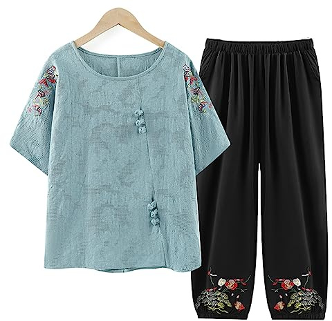 QPZK Frauen Tang Anzug Hanfu Chinesische traditionelle Kleidung, Erwachsene ältere Tai Chi -Uniform für Frauen Kampfkunst Kung Fu Kleidung Kurzärärmische Mantel und Hosen Blue-XXL