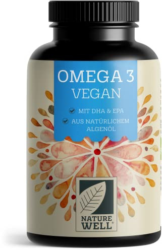 Omega-3 Vegan 90 Kapseln hochdosiert, 2000mg Omega-3 Algenöl pro Tag mit 600mg DHA & 300mg EPA, veganes Omega aus nachhaltigem Anbau als Fischöl-Alternative, laborgeprüft mit Zertifikat, NatureWell