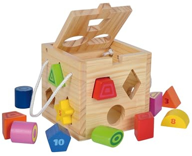 Eichhorn 100002092 Steckwürfel aus Holz, Kiefernholz, Motorikwürfel mit 12 Steckbausteinen, Holzspielzeug für Kinder ab 12 Monaten, Größe: 14,5x14,5x14,5 cm