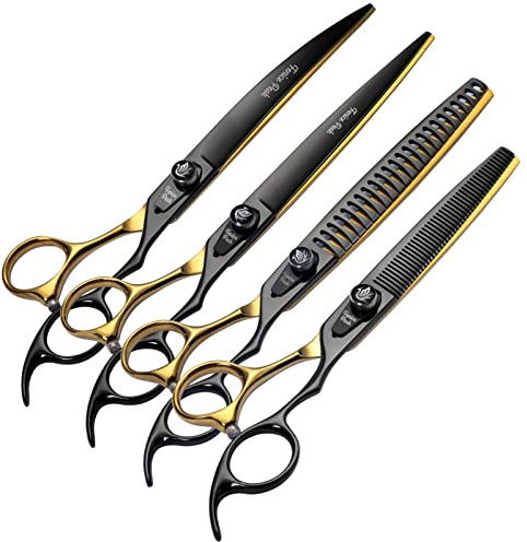 Fenice Peak 17.8 cm, schwarz-goldfarben, zweifarbige Fellschere für Hunde, gerade Effilierschere, gebogene und klobige Schere, 440 C, scharf und langlebig
