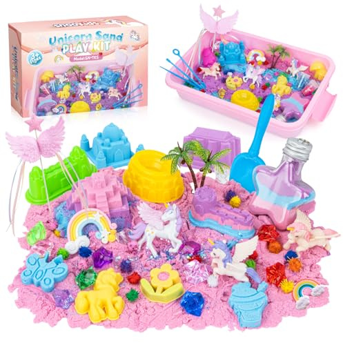 snookids Einhorn Sandspielzeug Set, mit Natürlichem Bienenwachs 690g, Spielsand Sandspielzeug 24 Sandformen, 3 Einhorn, Sandmuschel mit Deckel, Sensorische Spielzeug für Kind ab 3 4 5 6 7 8 9+
