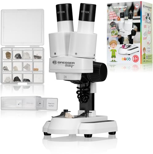 Bresser Junior Stereo 3D Mikroskop ICD-Pro mit 20x und 50x Vergrößerung für Kinder und Erwachsene für die Beobachtung von Steinen, Münzen, Insekten und vielem mehr, 20x / 50x