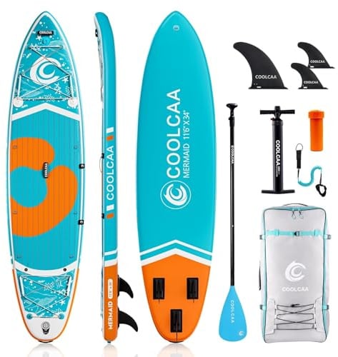 COOLCAA SUP Board, 355cm (Extra Groß) Stand Up Paddling Board, Aufblasbares Stand-Up Paddle Board mit 86cm Extra Breit, Fishing Paddleboard mit Zubehör & Tragetasche für Adults, 222 kg